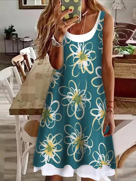 

Color Block Vacation Casual Floral Round Neck Midi Sleeveless Knitting Dresses, Green, Mini Dresses