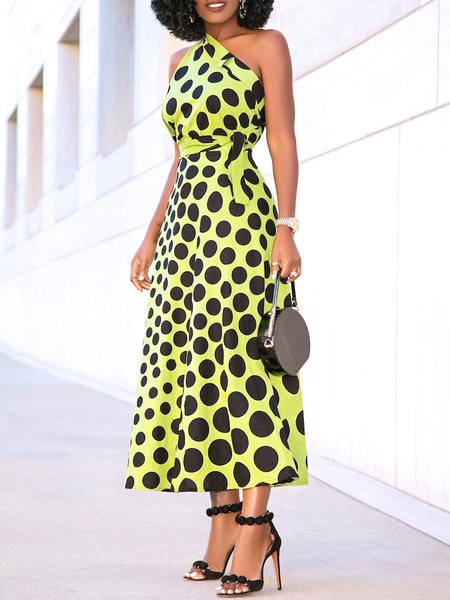 

Elegant Polka Dots Off The Shoulder Sleeveless Dress, Yellow, Mini Dresses