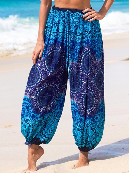 

Loose elastic waist elastic ankle folk pattern Datura printed holiday pants Plus Size, Multicolor, Pants