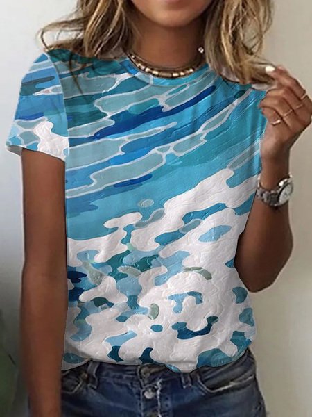 

Loosen Casual Crew Neck Short Sleeve T-Shirt, Blue, T-Shirts