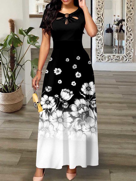 

Floral gradient hollowed out design sense a pendulum dress long Plus Size, Black-white, Dresses