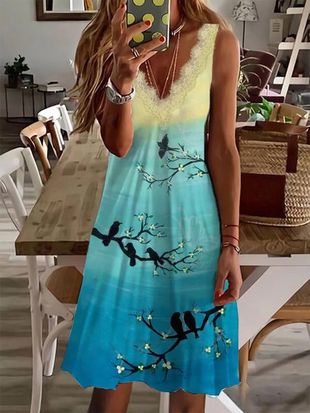 

Daily beach gradient flower foliage animal bird sparrow print loose lace dress a hem length Plus Size, Multicolor, Dresses