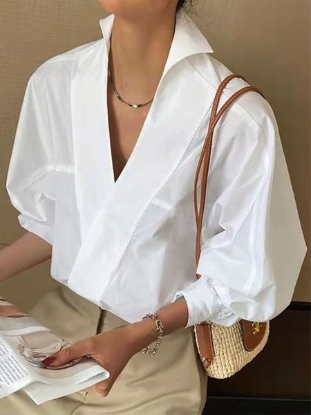 

Simple Shirt Collar Long Sleeve Blouse, White, Blouses and Shirts