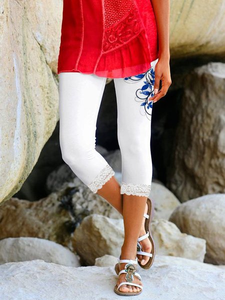 

Lace Skinny Casual Cropped Leggings, White, Shorts