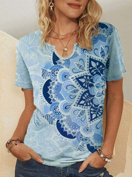 

Casual Tribal Cotton Blends Short Sleeve T-Shirt, Blue, Blouses & Shirts