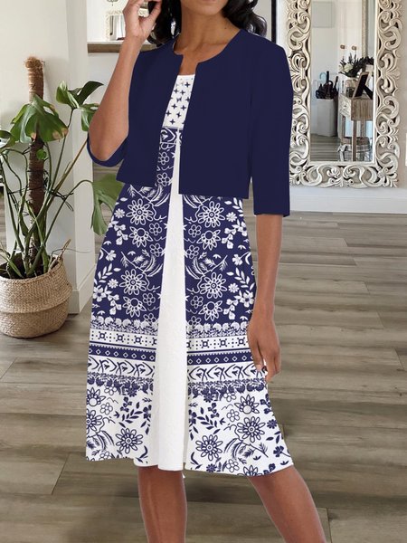

Tribal folk pattern dress two piece holiday party set Plus Size, Blue, Suit Set