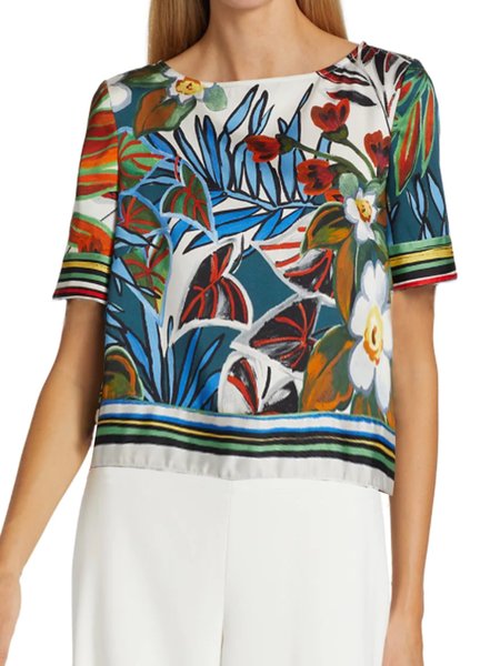 

Crew Neck Regular Fit Elegant Short Sleeve Top, Blue, Tops