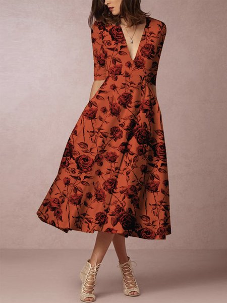 

V Neck Elegant Half Sleeve Floral Midi Dress, Red, Midi Dresses