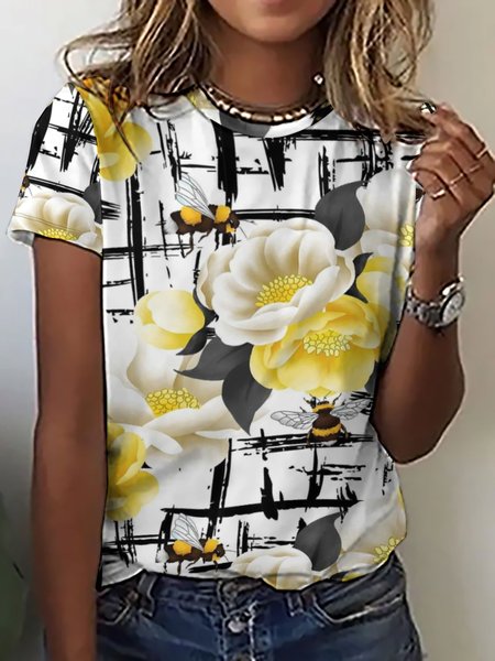 

Floral And Bee Print Women's Short Sleeve T-Shirt, As picture, T-shirts