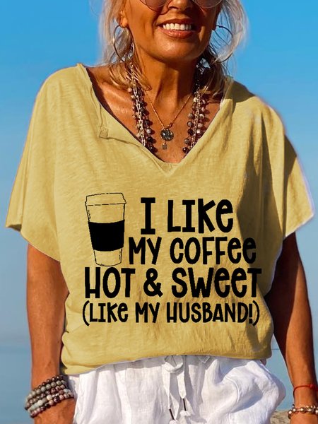 

I Like My Coffee Hot And Sweet V Neck Short Sleeve Tops, Yellow, T-shirts