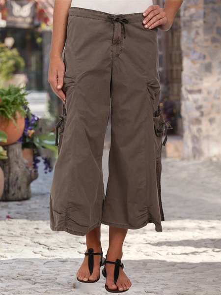 

Casual Pockets Loosen Plain Pants, Brown, Pants