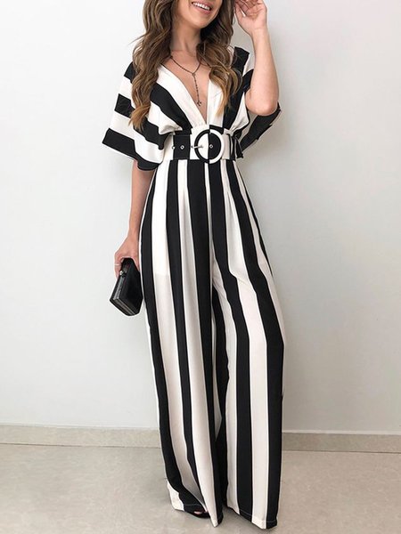 

Off Shoulder Vacation V Neck Striped Jumpsuit, Black-white, Jumpsuits