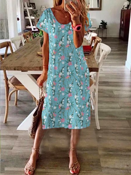 

Floral Crew Neck Casual Short Sleeve Knit Dress, Green, Dresses