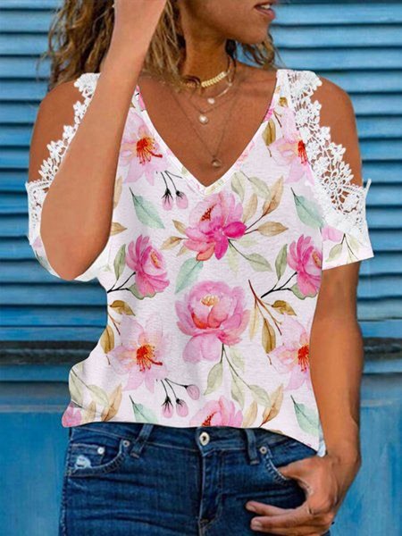 

Floral Lace Casual V Neck Short Sleeve Loosen T-Shirt, White, T-Shirts