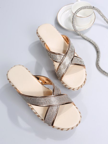 

Rhinestone Gold Cross-Strip Straw Wedge Platform Slides, Golden, Flat & Loafers