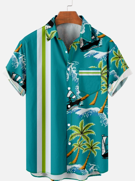 

Men's Casual Vacation Coconut Tree Print Short Sleeve Shirt, Cyan, Short Sleeves Shirts