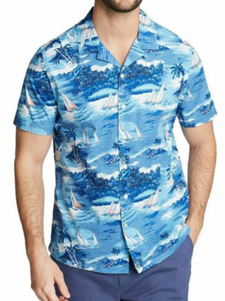 

Cotton and Linen Style Beach Wave Botanical Coconut Tree Print Linen Shirt, As picture, Shirts ＆ Blouse