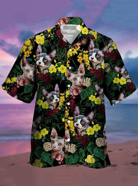 

Mens Tropical Leaves Cats Print Casual Breathable Short Sleeve Shirt, Black, Men's Floral shirt