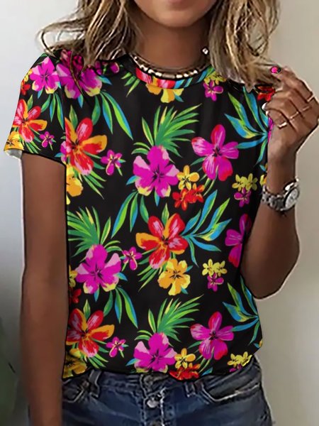 

Fancy Flower Print Casual Short Sleeve T-Shirt, As picture, T-shirts