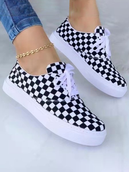 

Women's Black and White Plaid Lace-Up Casual Flat Shoes, Flat & Loafers