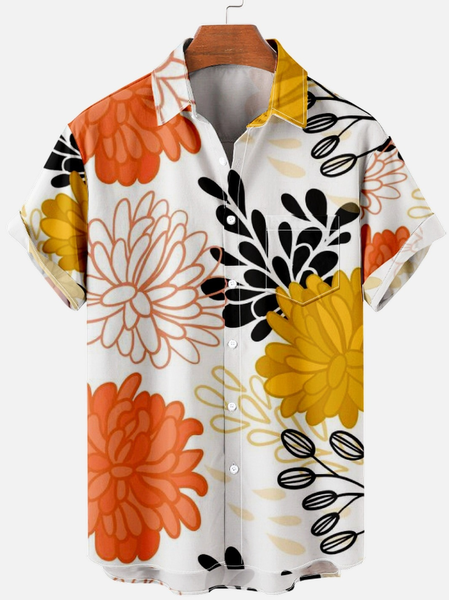 

Men’s Floral Color Block Casual Tribal Short Sleeve Hawaiian Shirt, Yellow, Short Sleeves Shirts