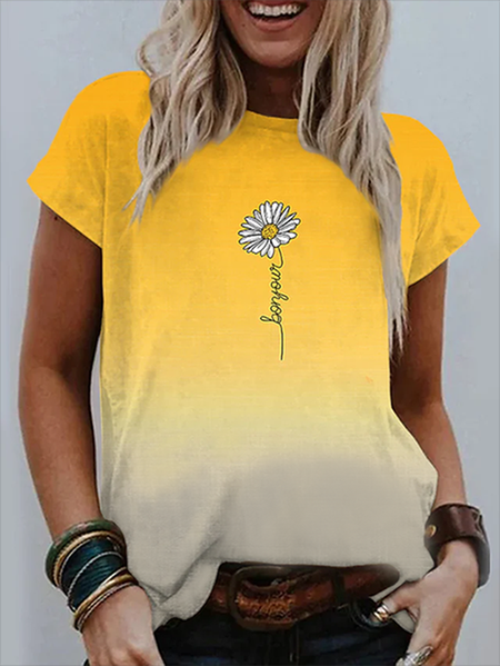 

Floral Short Sleeve Crew Neck Casual T-Shirt, Yellow, T-Shirts