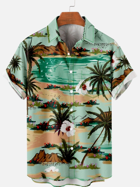 

Men's Casual Vacation Coconut Tree Print Short Sleeve Shirt, Green, Short Sleeves Shirts