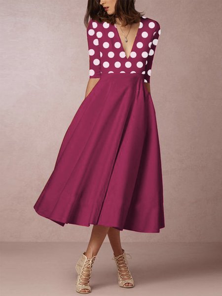 

Elegant Half Sleeve Polka Dots Midi Dress, Rose red, Midi Dresses