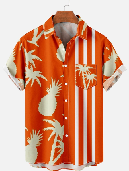

Men's Casual Coconut Tree Pineapple Print Short Sleeve Shirt, Orange, Short Sleeves Shirts
