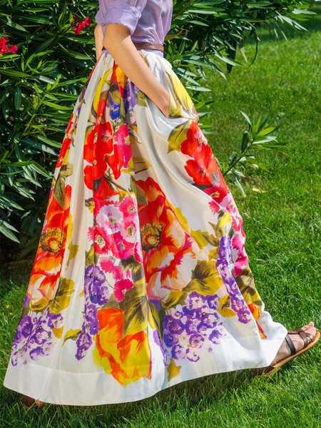 

Long Floral Regular Fit Vacation Long Skirt, White, Maxi Dresses