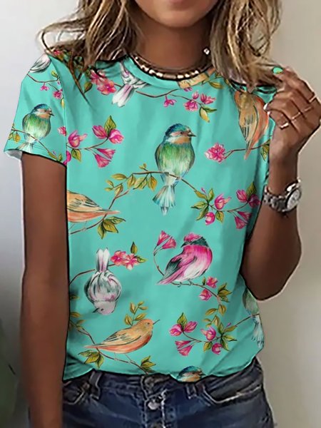 

Cute Flower And Bird Print Short Sleeve T-Shirt, As picture, T-shirts