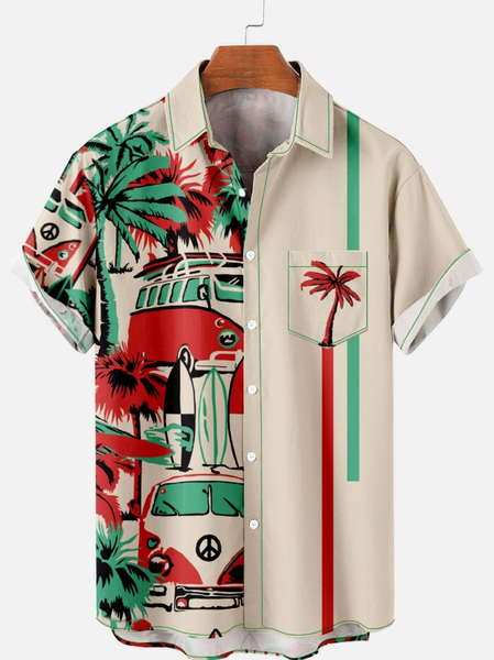 

Men's Casual Vacation Style Coconut Tree Car Print Short Sleeve Shirt, As picture, Short Sleeves Shirts