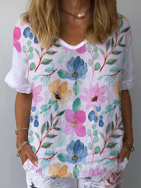 

Casual V Neck Floral Short Sleeve Tops, White, Tops