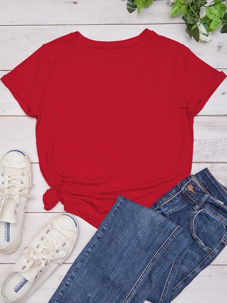 

Solid Crew Neck Casual Short Sleeve Tops, Red, T-shirts