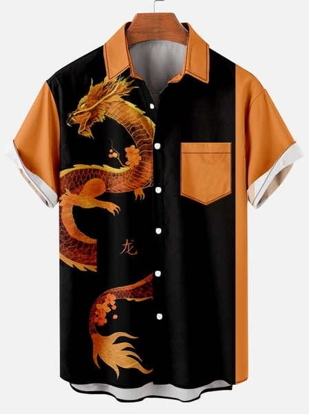 

Men’s Casual Short Sleeve Dragon Print Hawaiian Shirt, Black, Short Sleeves Shirts