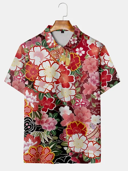 

Casual Style Culture Series Japanese Culture Flower And Plant Element Pattern Lapel Short-Sleeved Polo Print Top, Red, Men's t-shirts