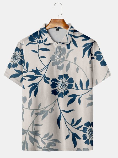 

Casual Style Culture Series Japanese Culture Flower And Plant Element Pattern Lapel Short-Sleeved Polo Print Top, Creme light, Men's t-shirts