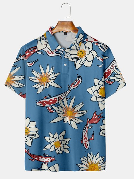 

Casual Style Culture Series Japanese Culture Floral Element Pattern Lapel Short-Sleeved Polo Print Top, Blue, Men's t-shirts