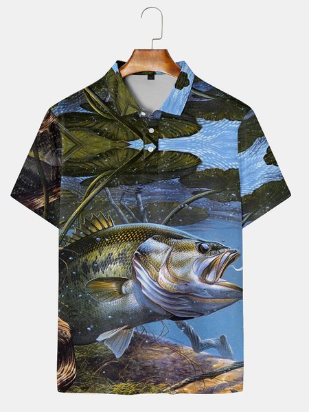 

Casual Style Outdoor Series Adventure Fishing Plant Element Lapel Short Sleeve Polo Print Top, Green, Men's t-shirts