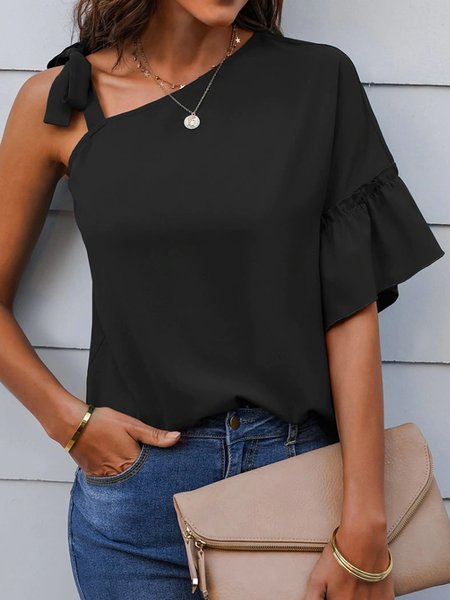 

Loosen One Shoulder Casual Short Sleeve Tops, Black, Tops