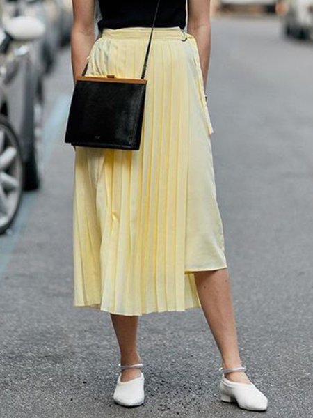 

Summer Daily Plain Regular Fit Long Skirt, Yellow, Midi Skirts