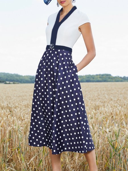 

Elegant V Neck Cap Sleeve Polka Dots Dress, Multicolor, Midi Dresses
