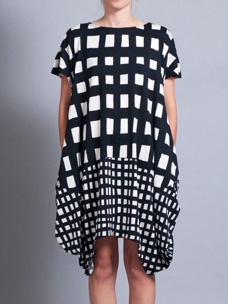 

Summer Short sleeve Lightweight Crew Neck Short Sleeve Woven Daily Dress, Black, Mini Dresses