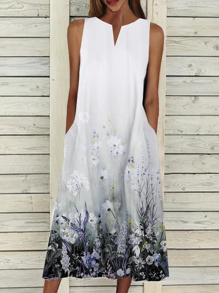 

Vacation Floral Printed Casual Loosen V Neck Pockets Sleeveless Woven Dresses, White, Midi Dresses