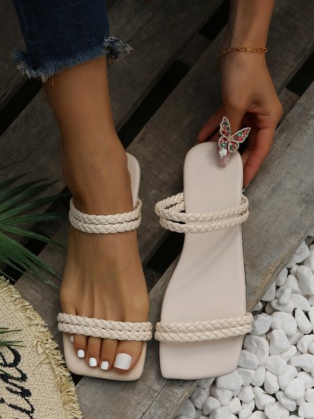 

Boho Braided Strap Flat Sandals, Beige, Sandals