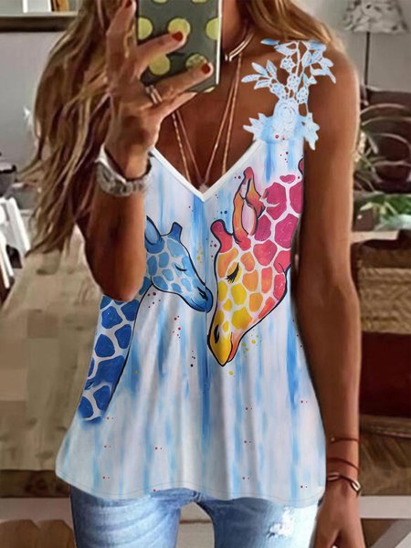 

Giraffe Print Casual V Neck Lace Sleeve Tank, Blue, Tanks & Camis