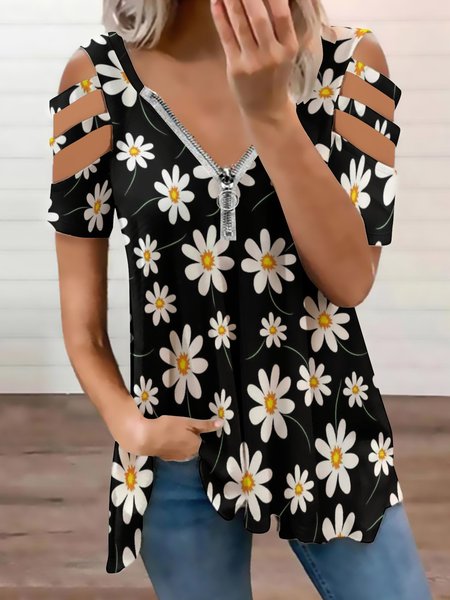 

Floral Print Casual Short Sleeve Tops, As picture, Blouses