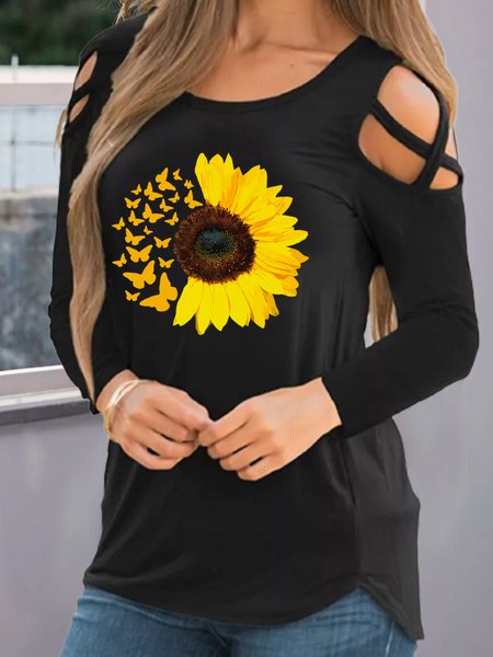 

Floral print designer hot women's knitted long-sleeve top, Black, T-Shirts
