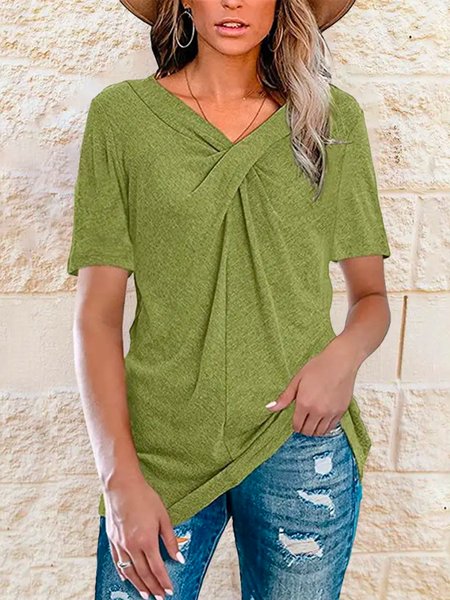 

V Neck Casual Short Sleeve Solid T-Shirt, Green, Tees