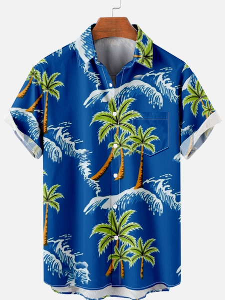 

Men's Casual Vacation Coconut Tree Print Short Sleeve Shirt, Blue, Short Sleeves Shirts